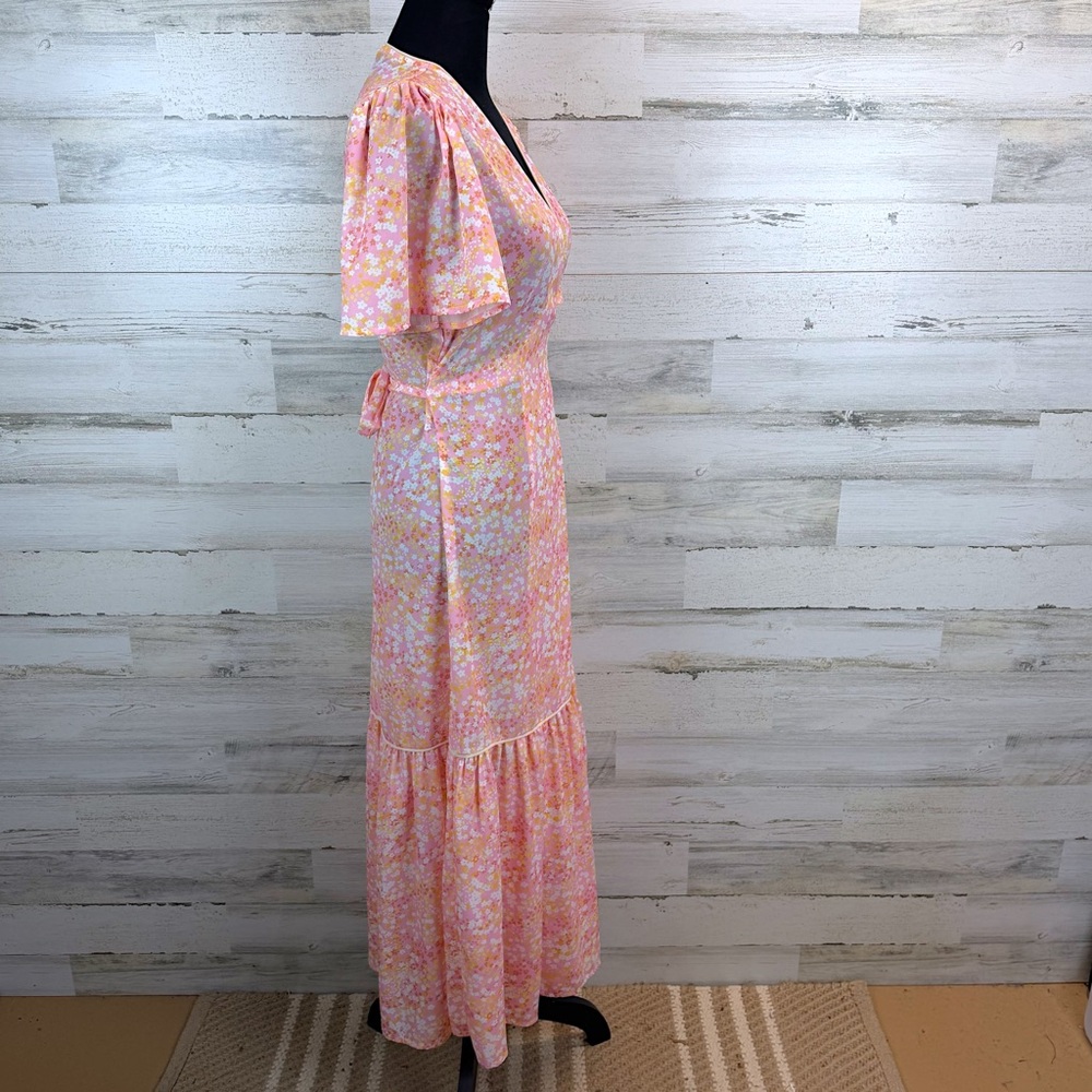 LaRoque Floral Wrap Midi Dress Pink Yellow Cottagecore Preppy Feminine Small - Picture 6 of 16